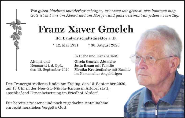 Traueranzeige Franz Xaver Gmelch