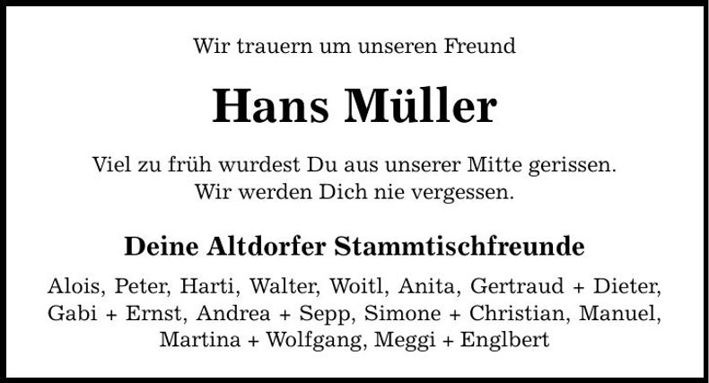 Traueranzeige Müller Hans