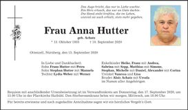 Traueranzeige Anna Hutter