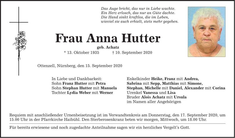 Traueranzeige Anna Hutter