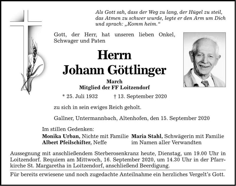 Traueranzeige Johann Göttlinger
