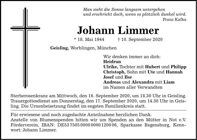 Traueranzeige Johann Limmer