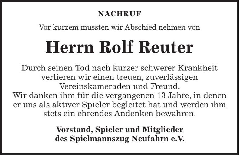 Traueranzeige Rolf Reuter