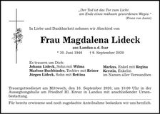 Traueranzeige Magdalena Lideck