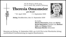 Traueranzeige Theresia Omasmeier