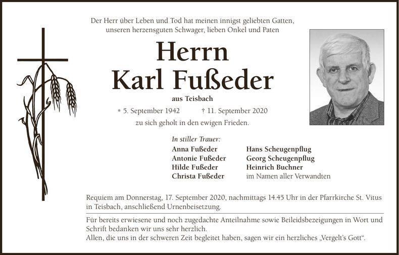 Traueranzeige Karl Fußeder