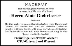 Traueranzeige Alois Giehrl