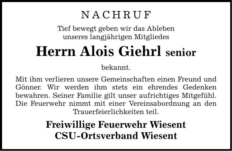 Traueranzeige Alois Giehrl