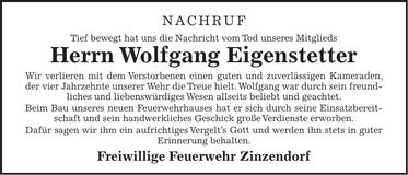 Traueranzeige Wolfgang Eigenstetter