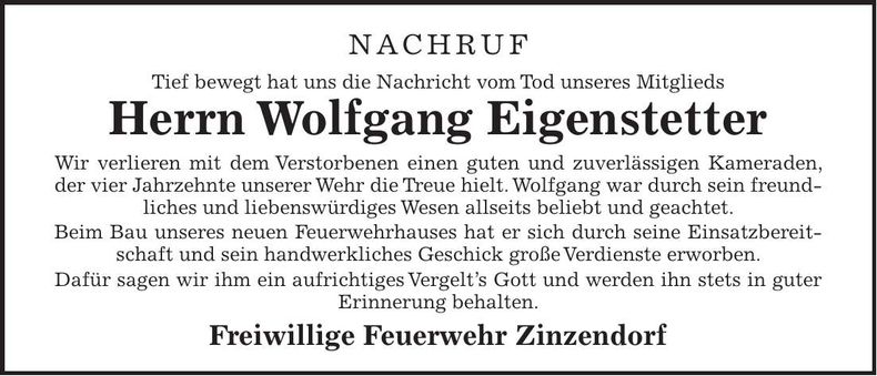 Traueranzeige Wolfgang Eigenstetter