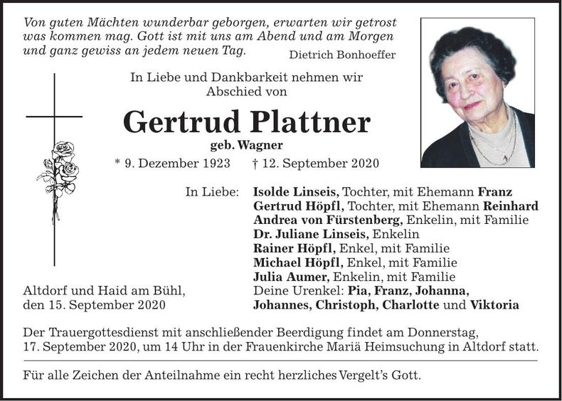 Traueranzeige Gertrud Plattner