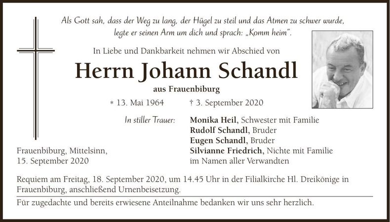 Traueranzeige Johann Schandl