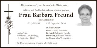 Traueranzeige Barbara Freund