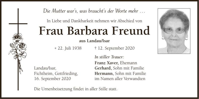 Traueranzeige Barbara Freund