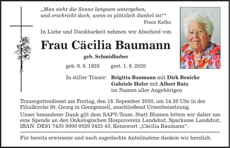 Traueranzeige Cäcilia Baumann