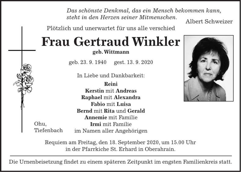 Traueranzeige Gertraud Winkler