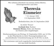 Traueranzeige Theresia Einmeier
