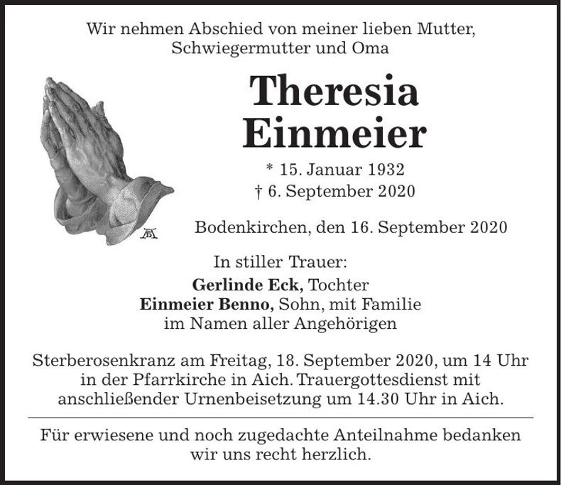 Traueranzeige Theresia Einmeier