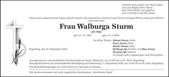 Traueranzeige Walburga Sturm