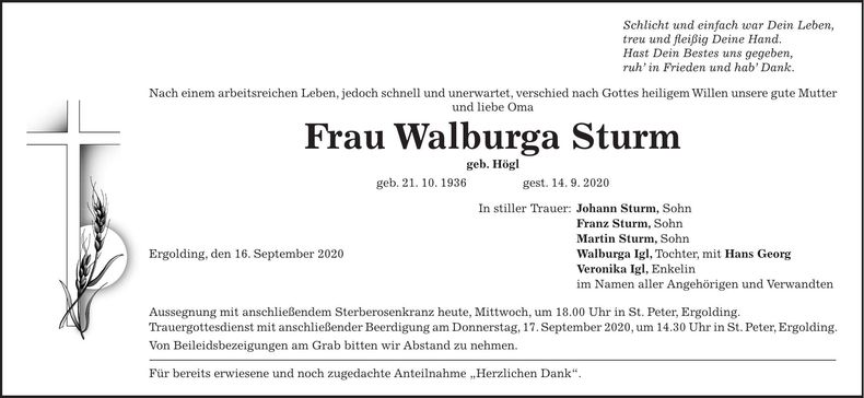 Traueranzeige Walburga Sturm