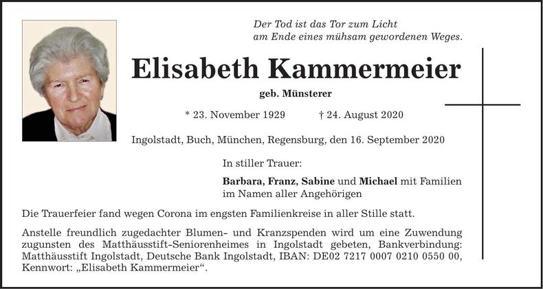 Traueranzeige Elisabeth Kammermeier