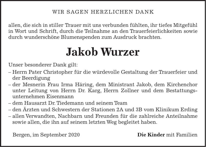 Traueranzeige Jakob Wurzer