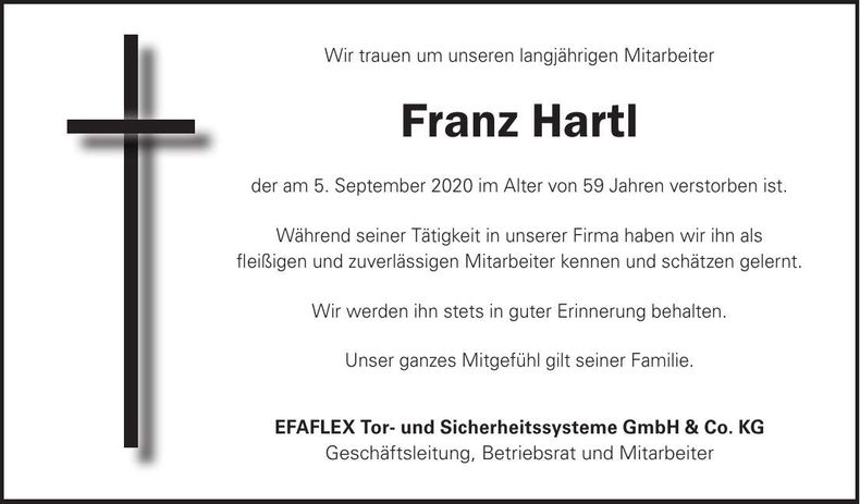 Traueranzeige Franz Hartl