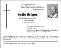 Traueranzeige Sofie Stöger