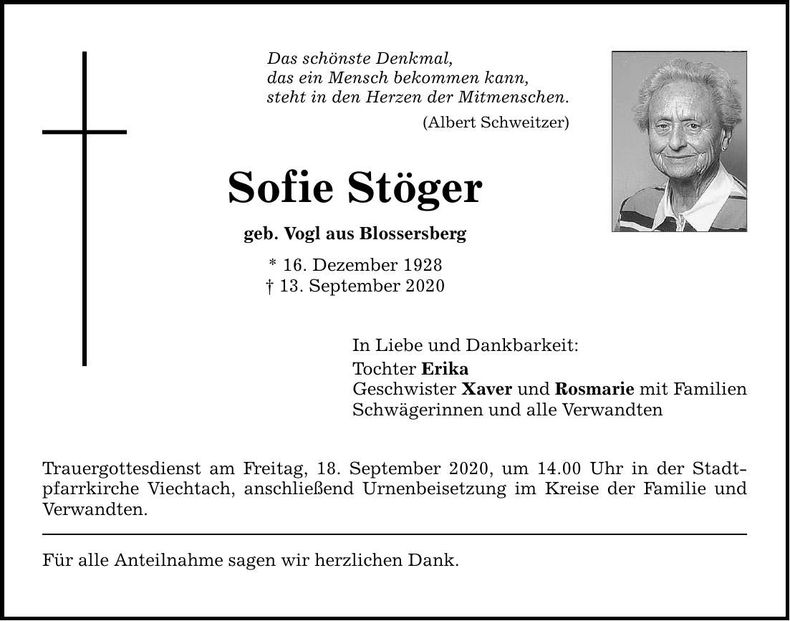 Traueranzeige Sofie Stöger