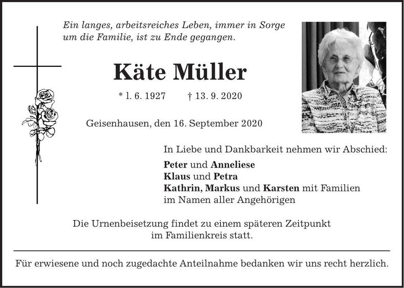 Traueranzeige Käte Müller