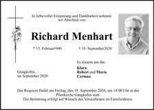Traueranzeige Richard Menhart