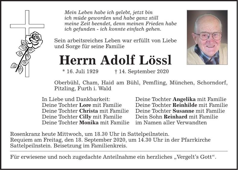 Traueranzeige Adolf Lössl