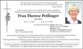 Traueranzeige Therese Peißinger