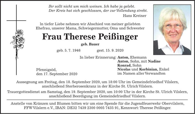 Traueranzeige Therese Peißinger