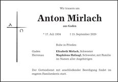 Traueranzeige Anton Mirlach