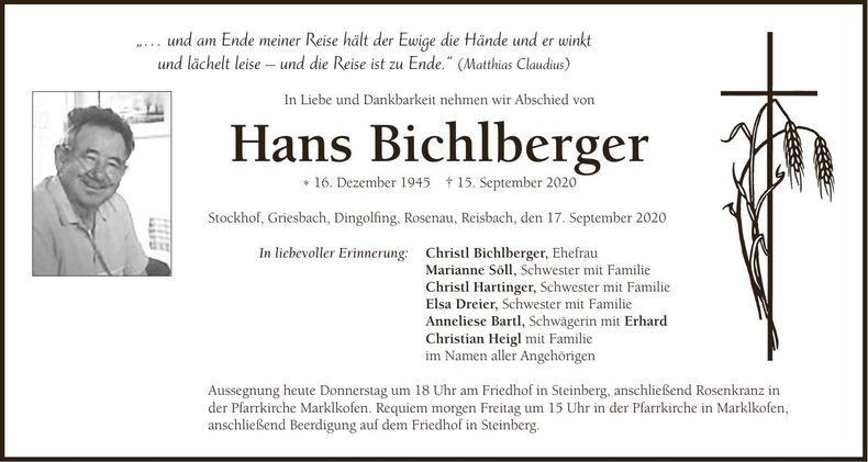 Traueranzeige Hans Bichlberger