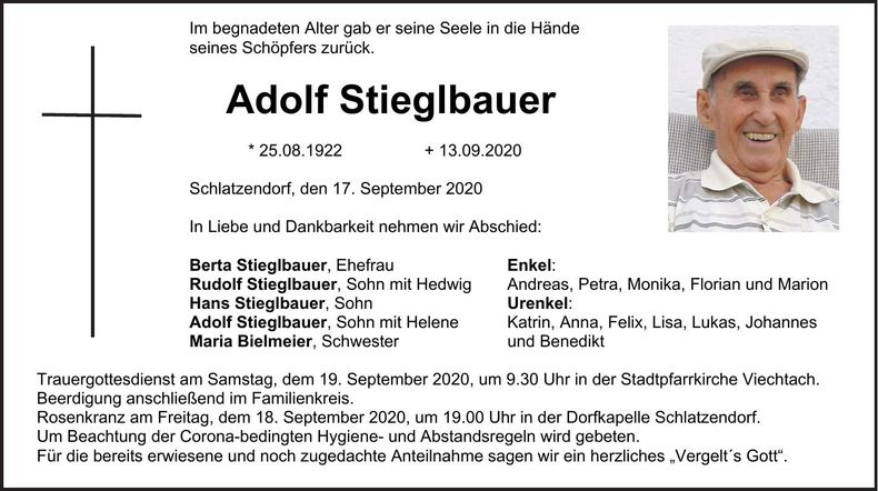 Traueranzeige Adolf Stieglbauer