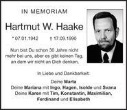 Traueranzeige Hartmut W. Haake