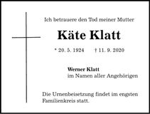 Traueranzeige Käte Klatt