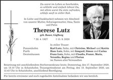Traueranzeige Therese Lutz