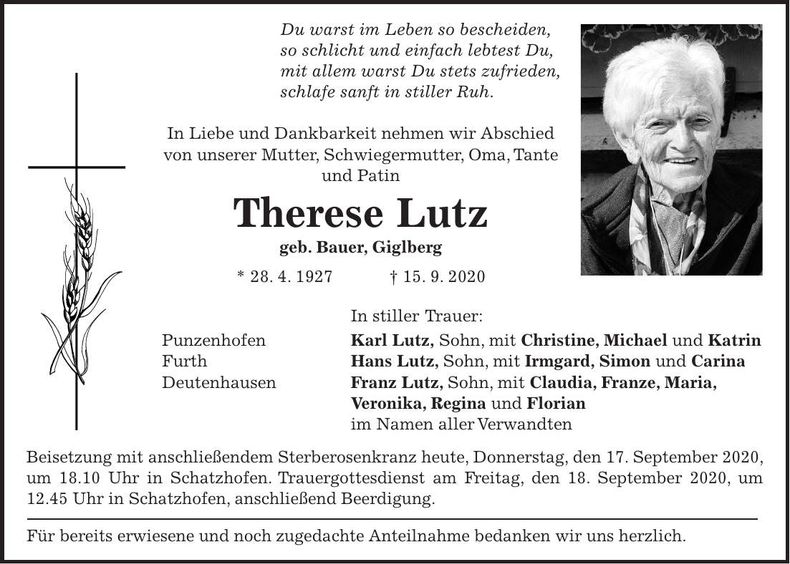 Traueranzeige Therese Lutz