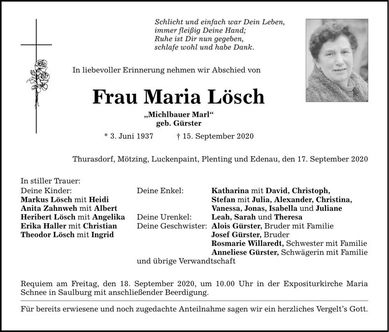 Traueranzeige Maria Lösch