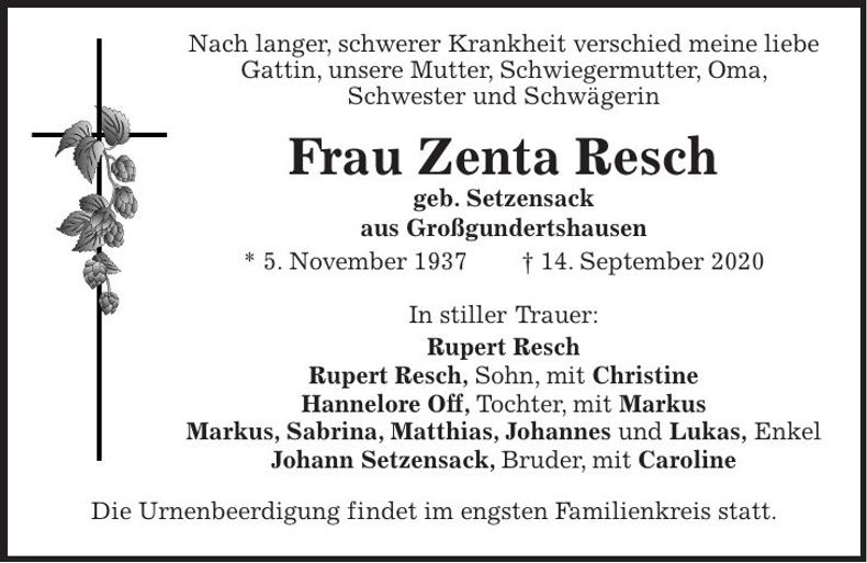 Traueranzeige Zenta Resch