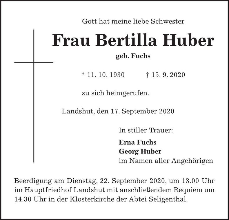Traueranzeige Bertilla Huber