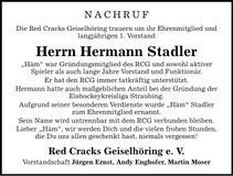 Traueranzeige Hermann Stadler