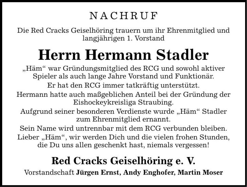 Traueranzeige Hermann Stadler