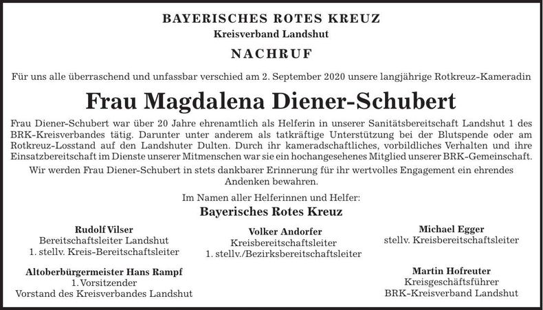 Traueranzeige Magdalena Diener-Schubert