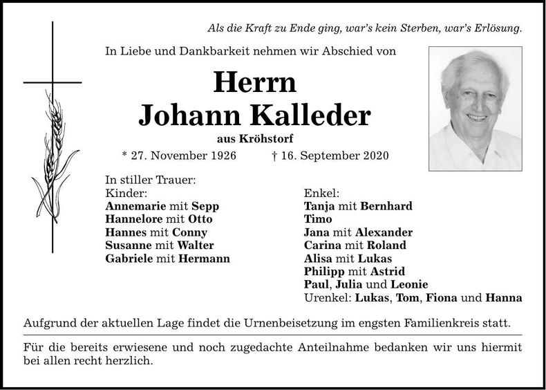 Traueranzeige Johann Kalleder