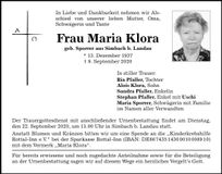 Traueranzeige Maria Klora