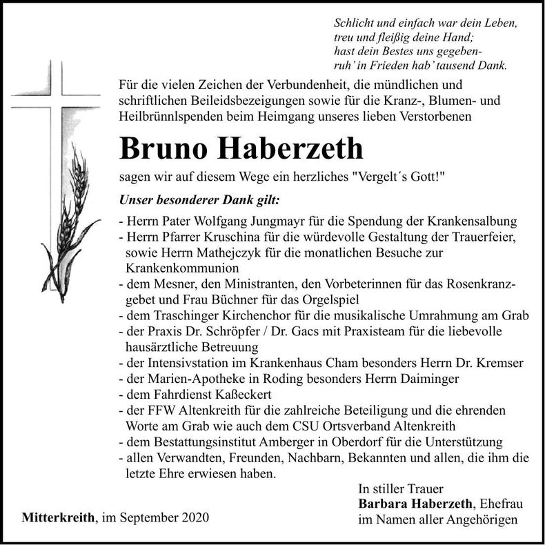 Traueranzeige Bruno Haberzeth
